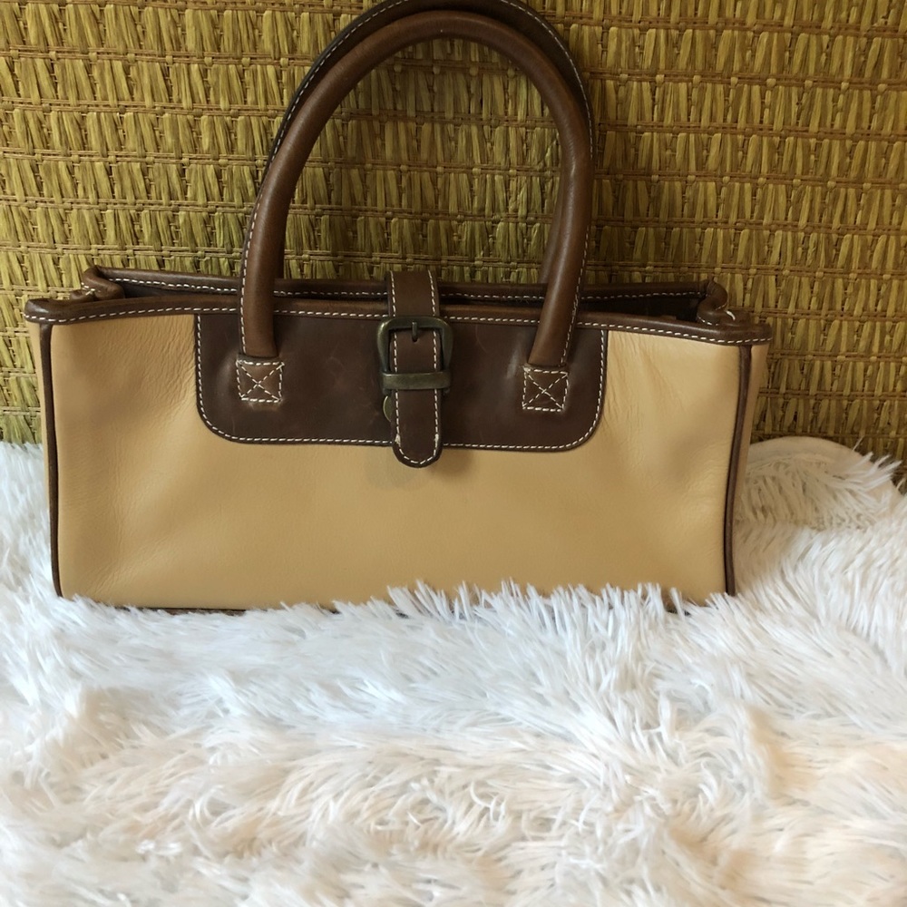 Latico leather handbag brown cream brass hardware